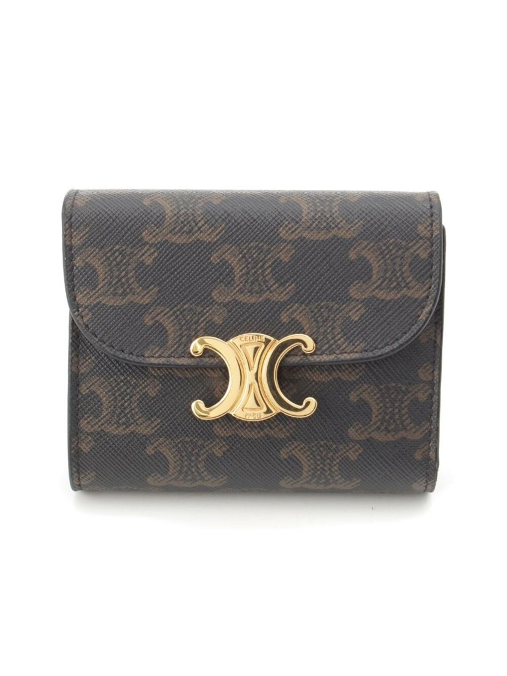 Celine Canvas Leather Triomphe Small Flap Trifold Wallet Compact Brown